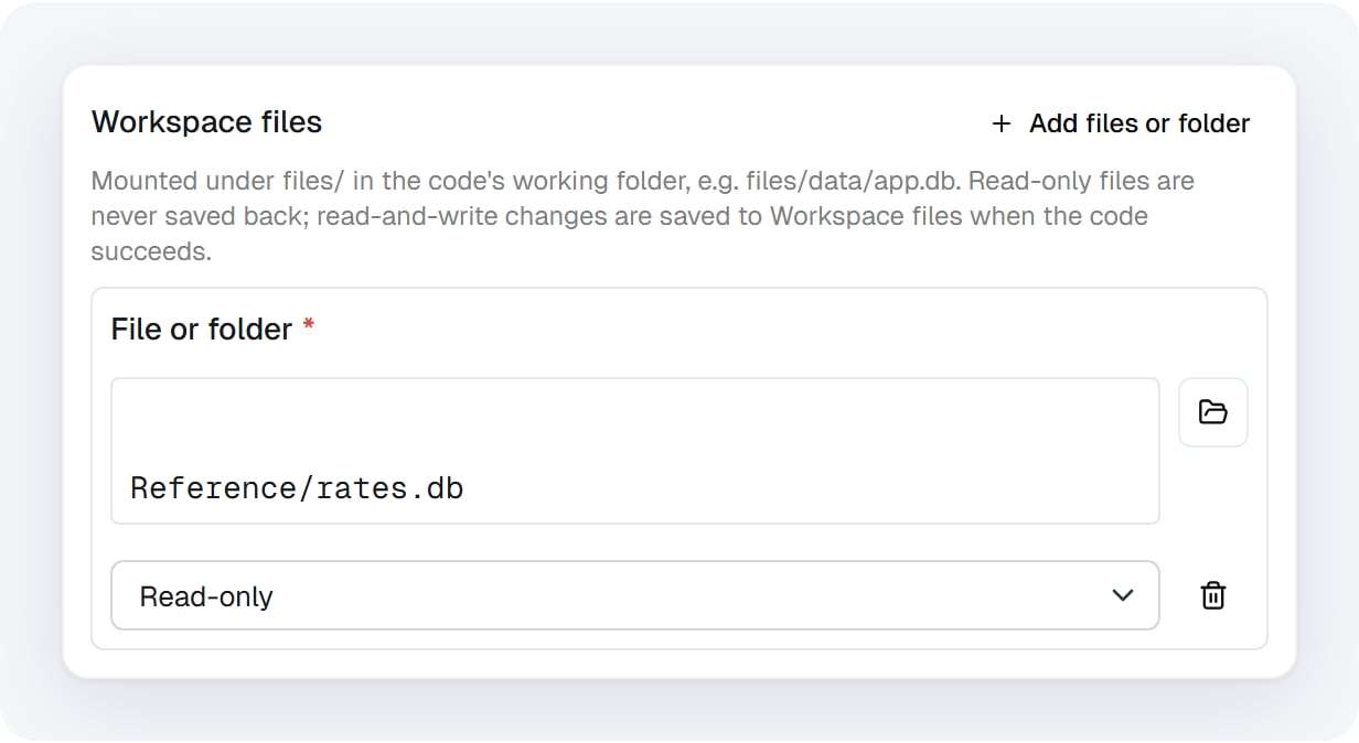A Workspace files row with Reference/rates.db and Read-only selected