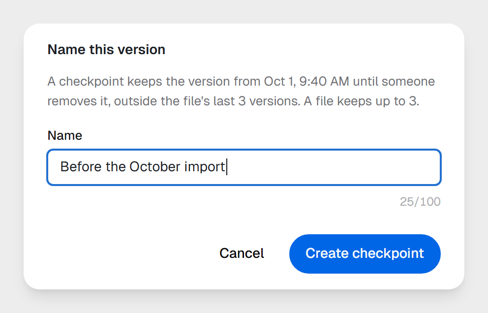 The Name this version dialog on the Oct 1 version of customers.db, with Before the October import typed as the name and the Create checkpoint button