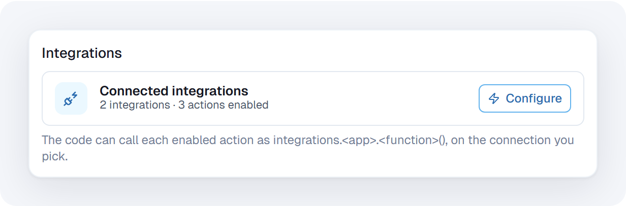 Integrations section with Connected integrations: 2 integrations, 3 actions enabled, and a Configure button