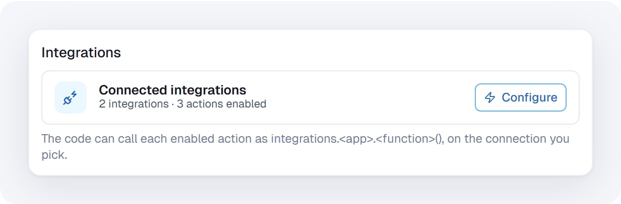 Integrations section with Connected integrations: 2 integrations, 3 actions enabled, and a Configure button