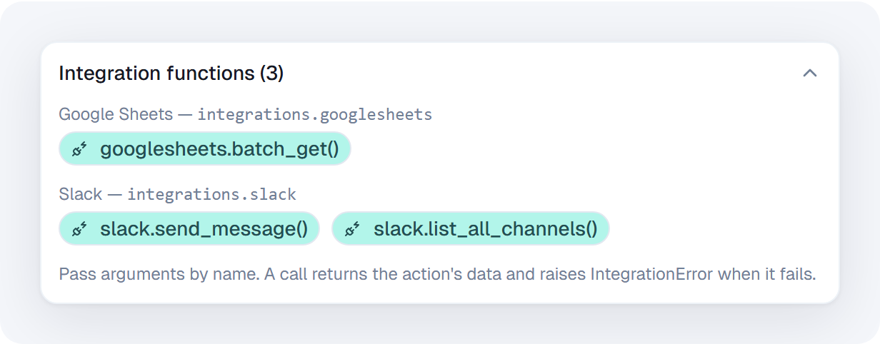 Integration functions panel listing googlesheets.batch_get, slack.send_message and slack.list_all_channels