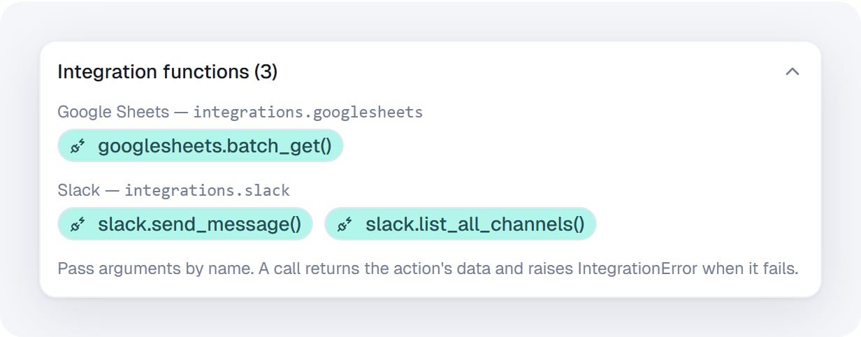 Integration functions panel listing googlesheets.batch_get, slack.send_message and slack.list_all_channels