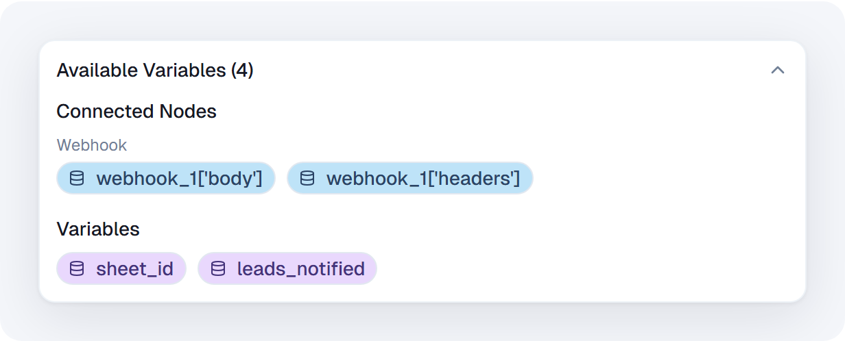 Available Variables panel with webhook_1 outputs and two workflow variables