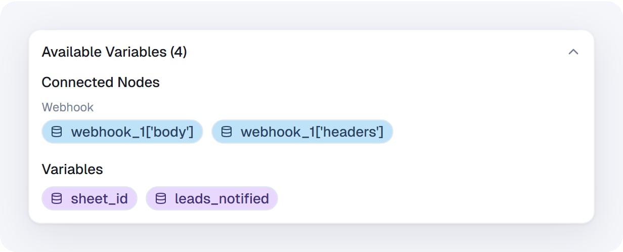 Available Variables panel with webhook_1 outputs and two workflow variables
