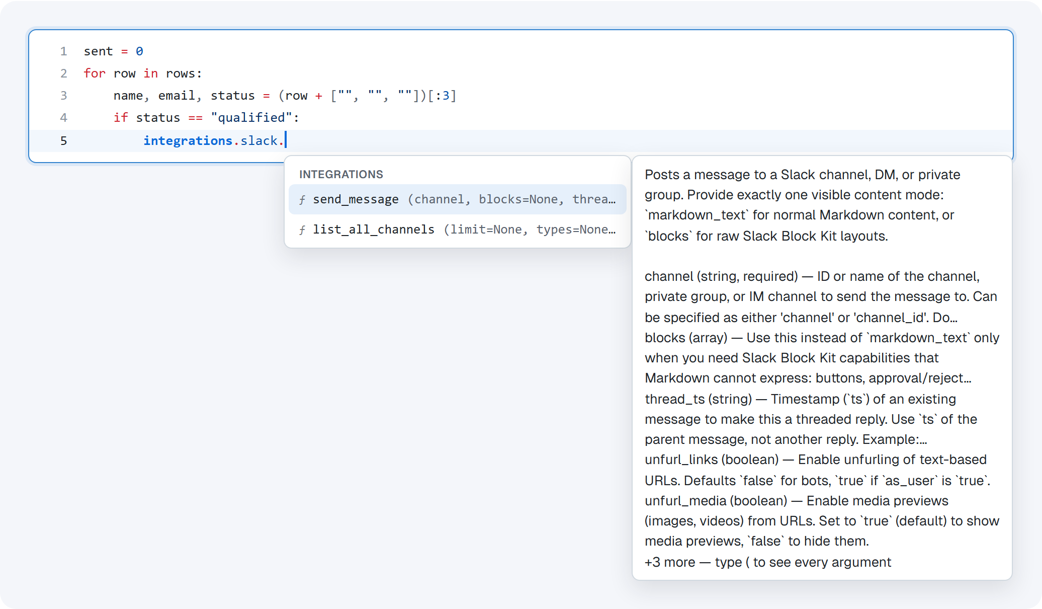 Completion list with send_message and list_all_channels, and a card describing send_message and its arguments