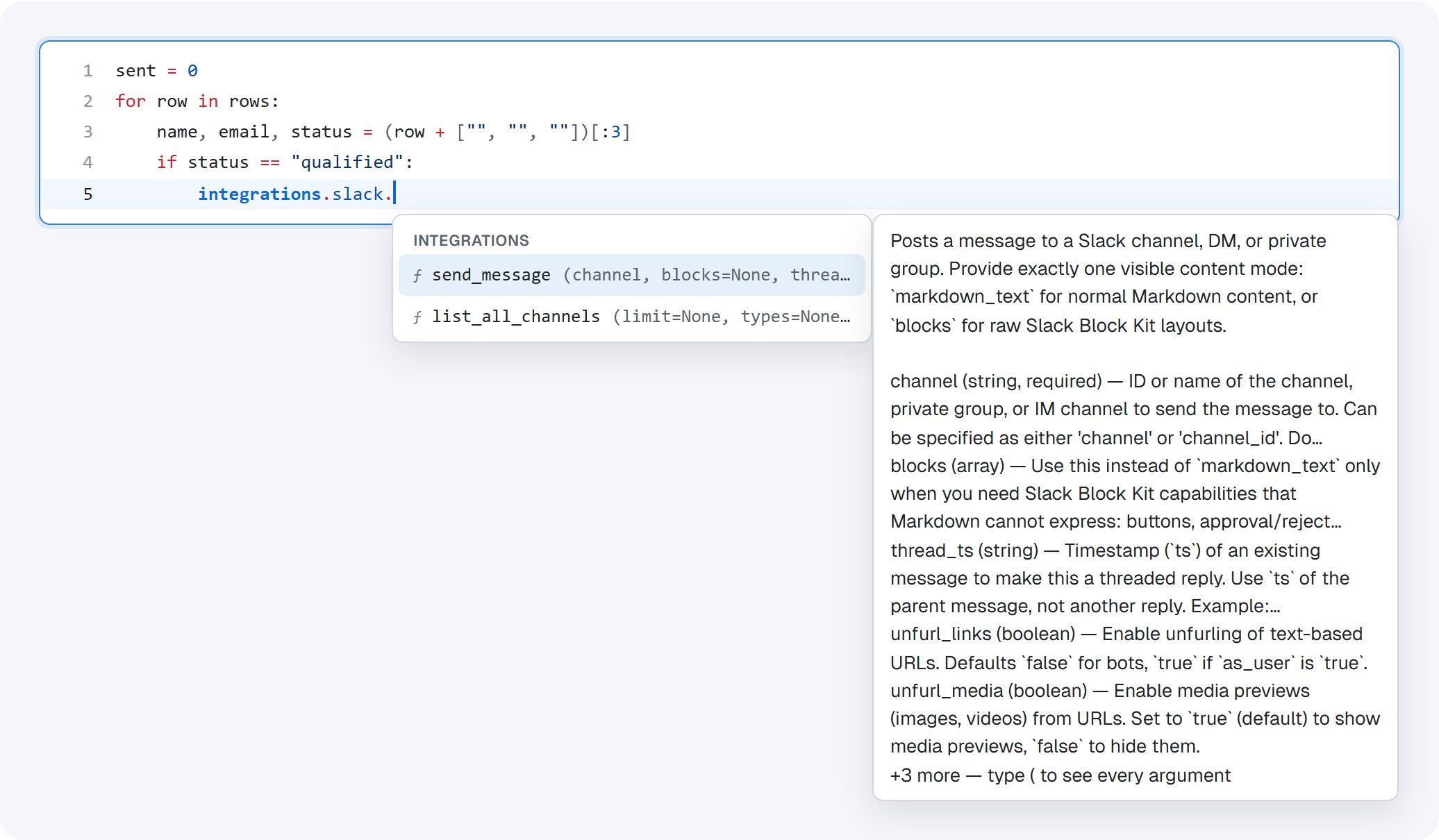 Completion list with send_message and list_all_channels, and a card describing send_message and its arguments