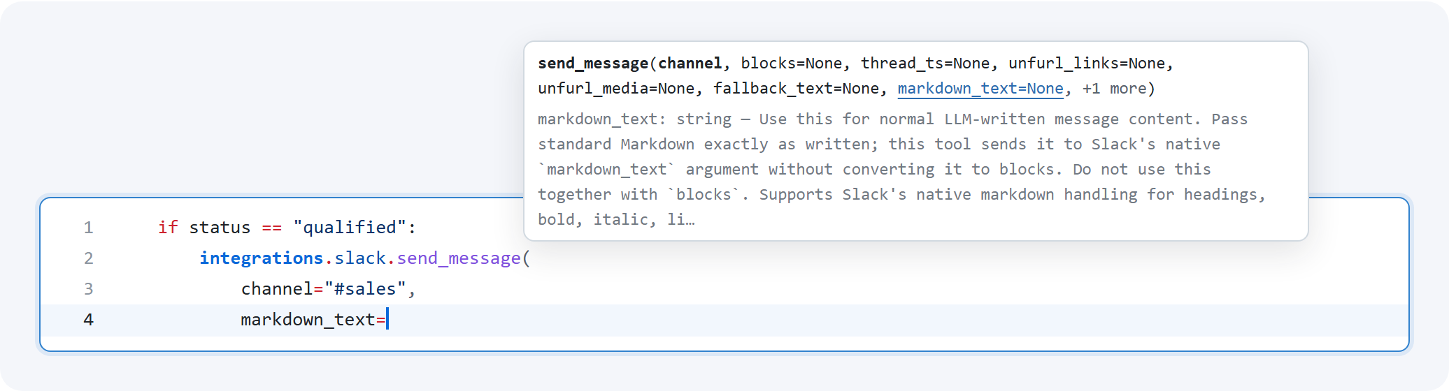 Argument hint for send_message with markdown_text underlined and its description