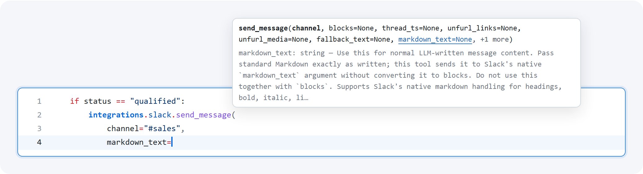 Argument hint for send_message with markdown_text underlined and its description
