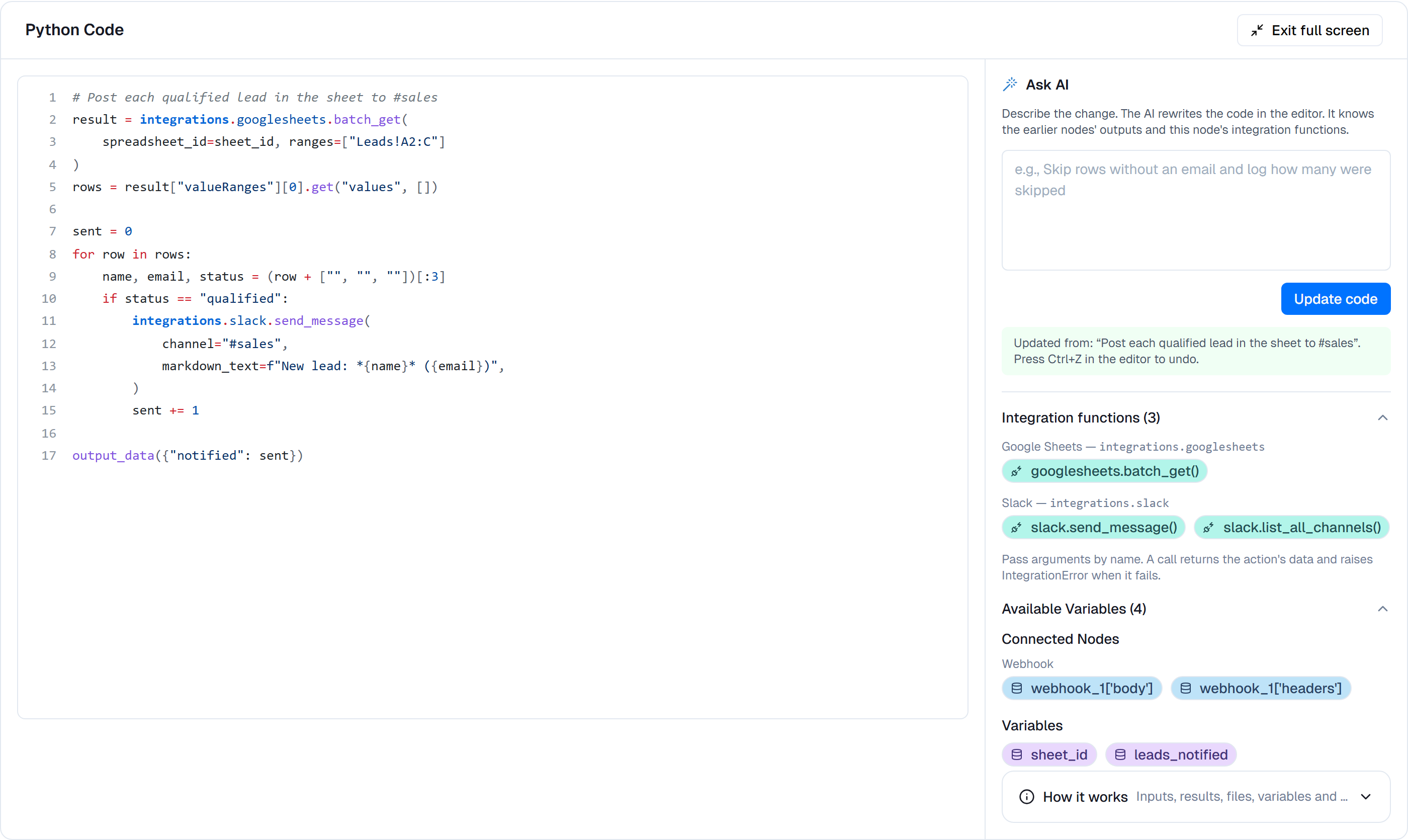Full-screen code view with the Ask AI panel, integration functions and available variables in a sidebar