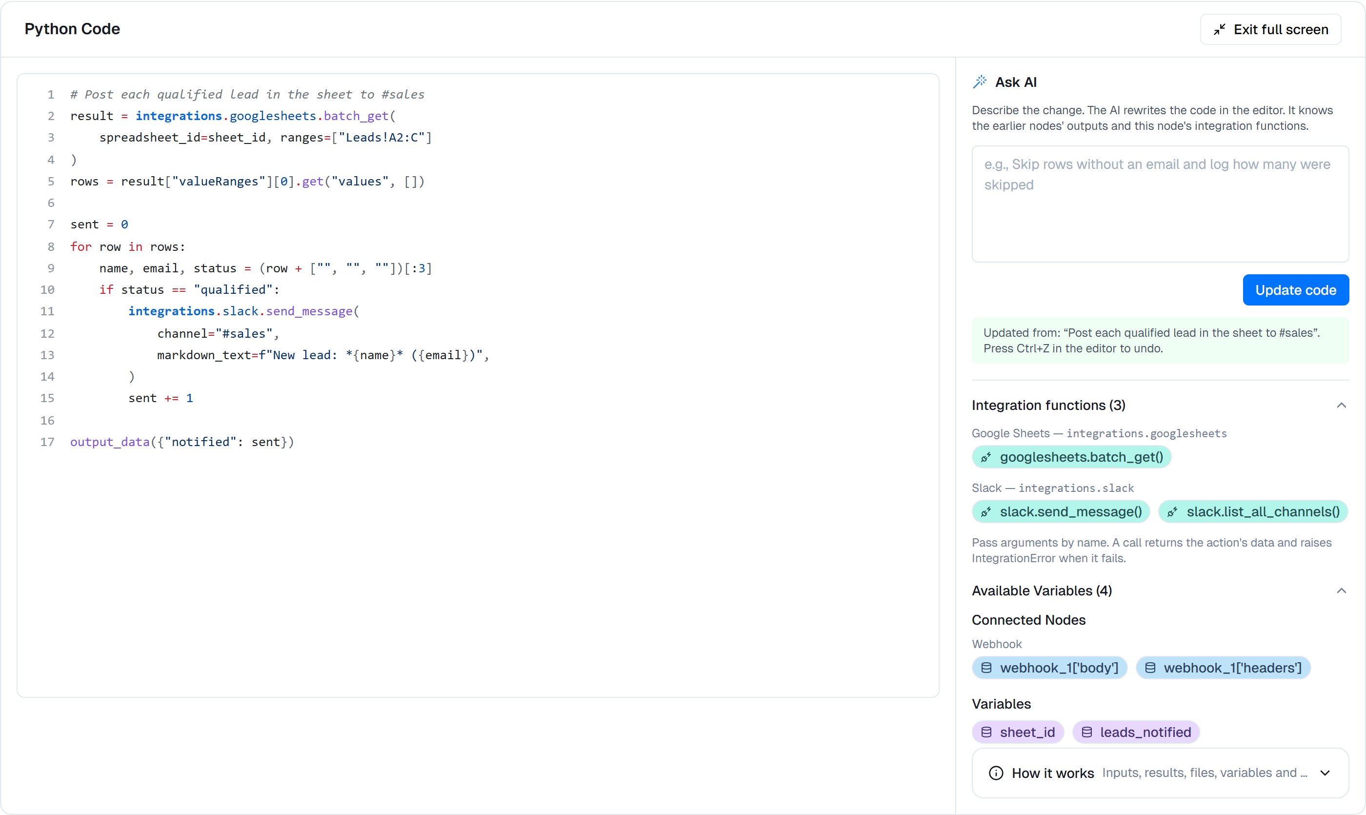 Full-screen code view with the Ask AI panel, integration functions and available variables in a sidebar