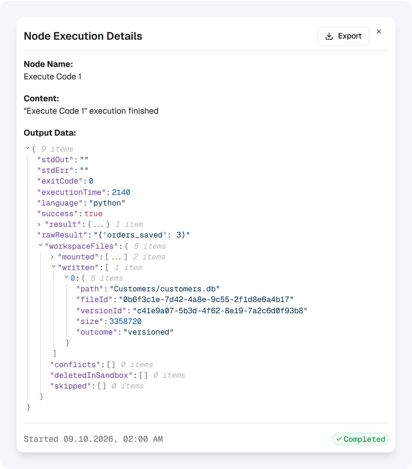 Node Execution Details with workspaceFiles expanded: written holds Customers/customers.db with outcome versioned