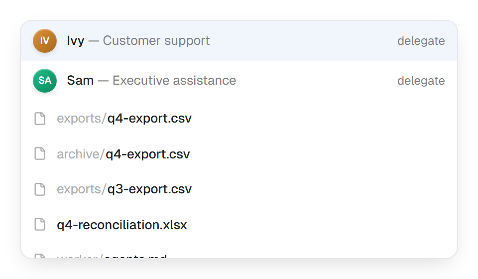 The mention menu offering Ivy and Sam first, each with its role and a delegate hint, then the task's files by folder