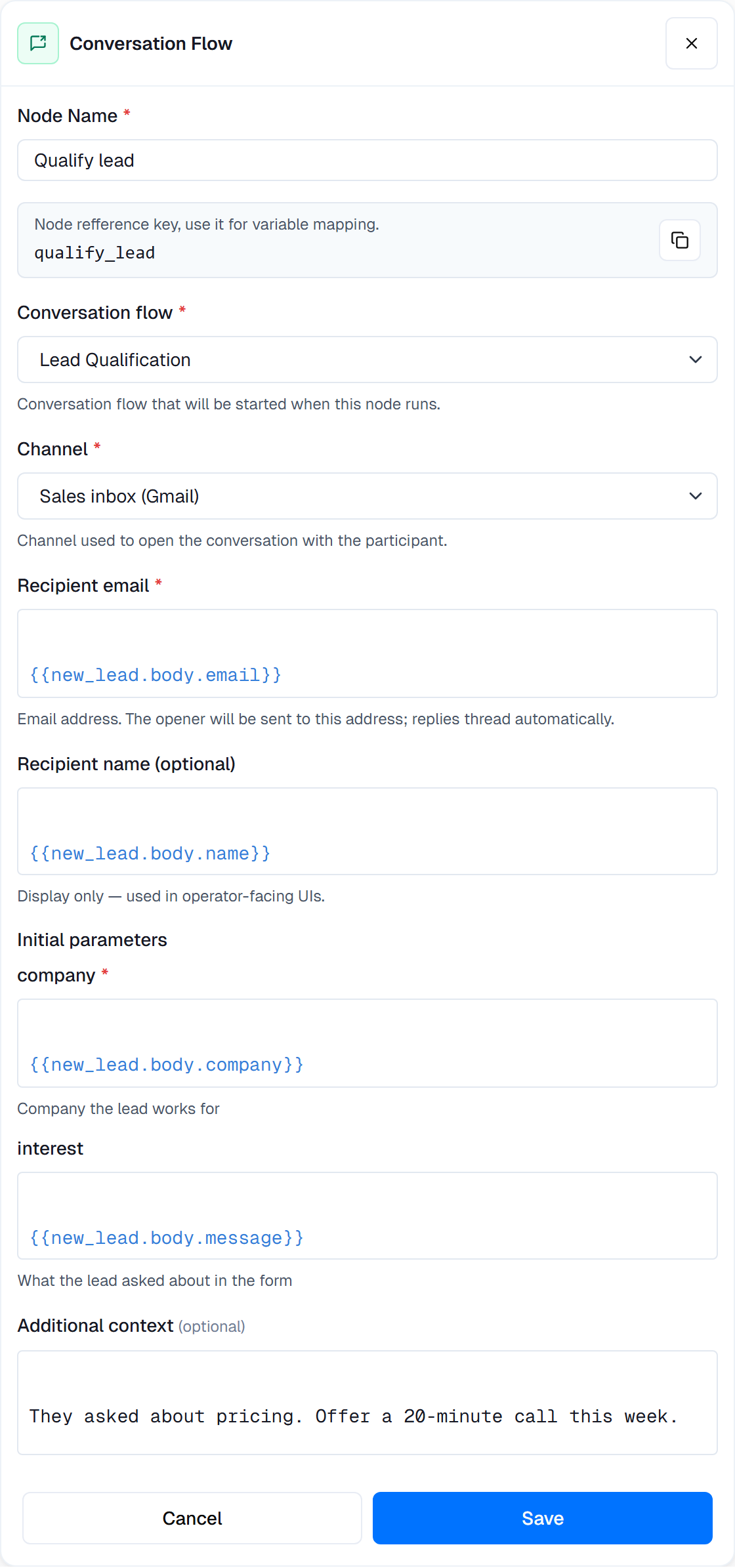 The Chat & Voice Agent panel with Conversation flow, Channel, Recipient email, Recipient name, the Initial parameters company and interest, and Additional context
