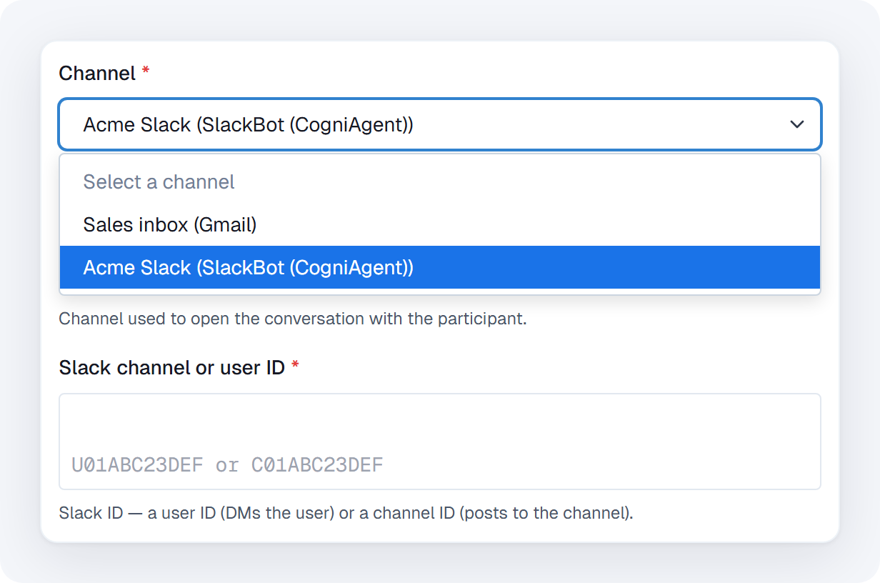 The Channel list open with Sales inbox (Gmail) and Acme Slack (SlackBot (CogniAgent)), and a Slack channel or user ID field below