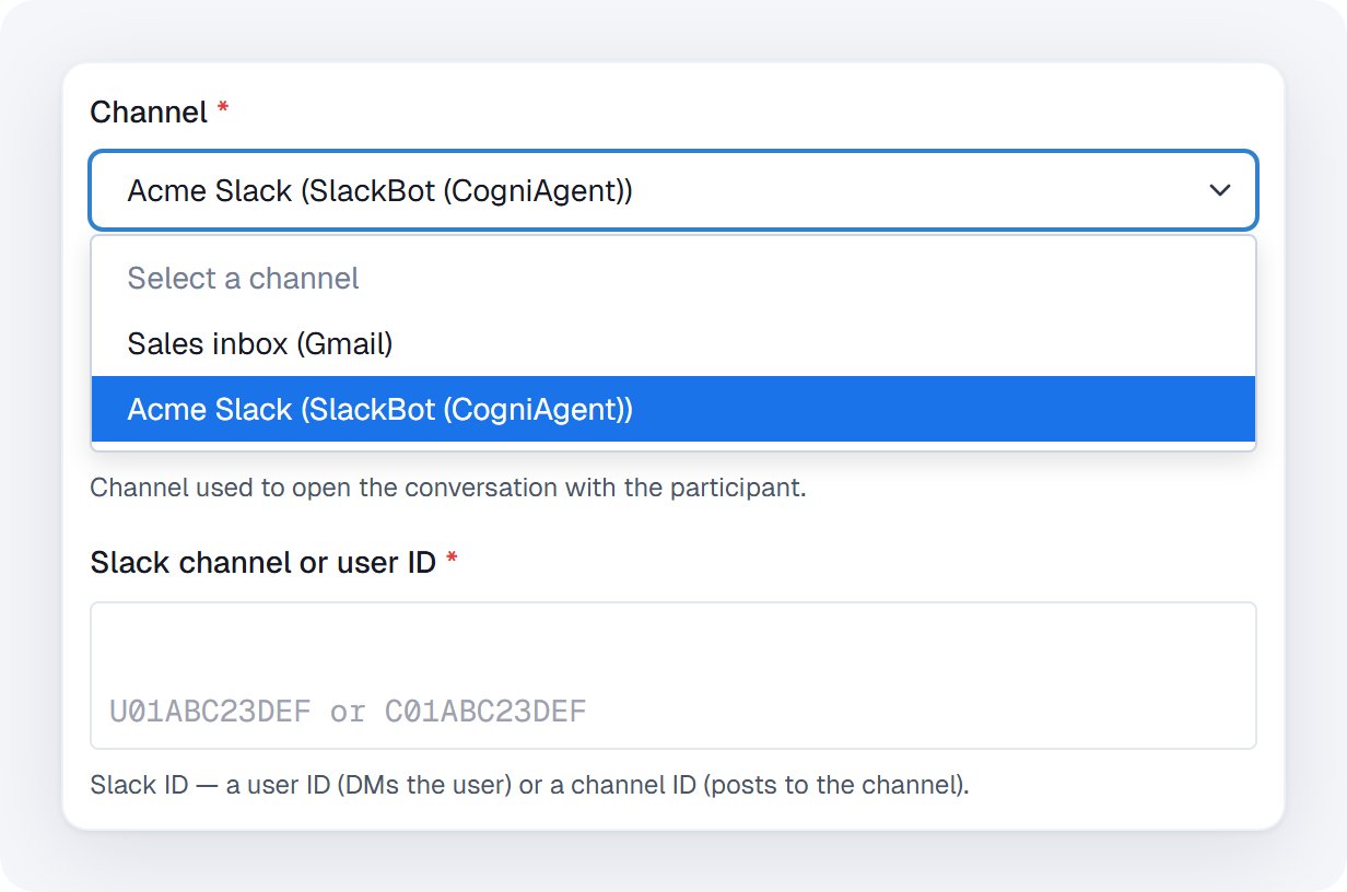 The Channel list open with Sales inbox (Gmail) and Acme Slack (SlackBot (CogniAgent)), and a Slack channel or user ID field below