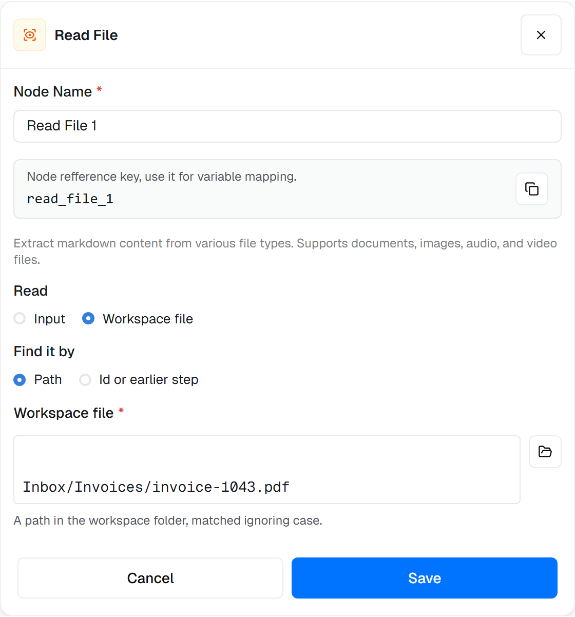Read File form with Read set to Workspace file, Find it by Path, and Workspace file Inbox/Invoices/invoice-1043.pdf