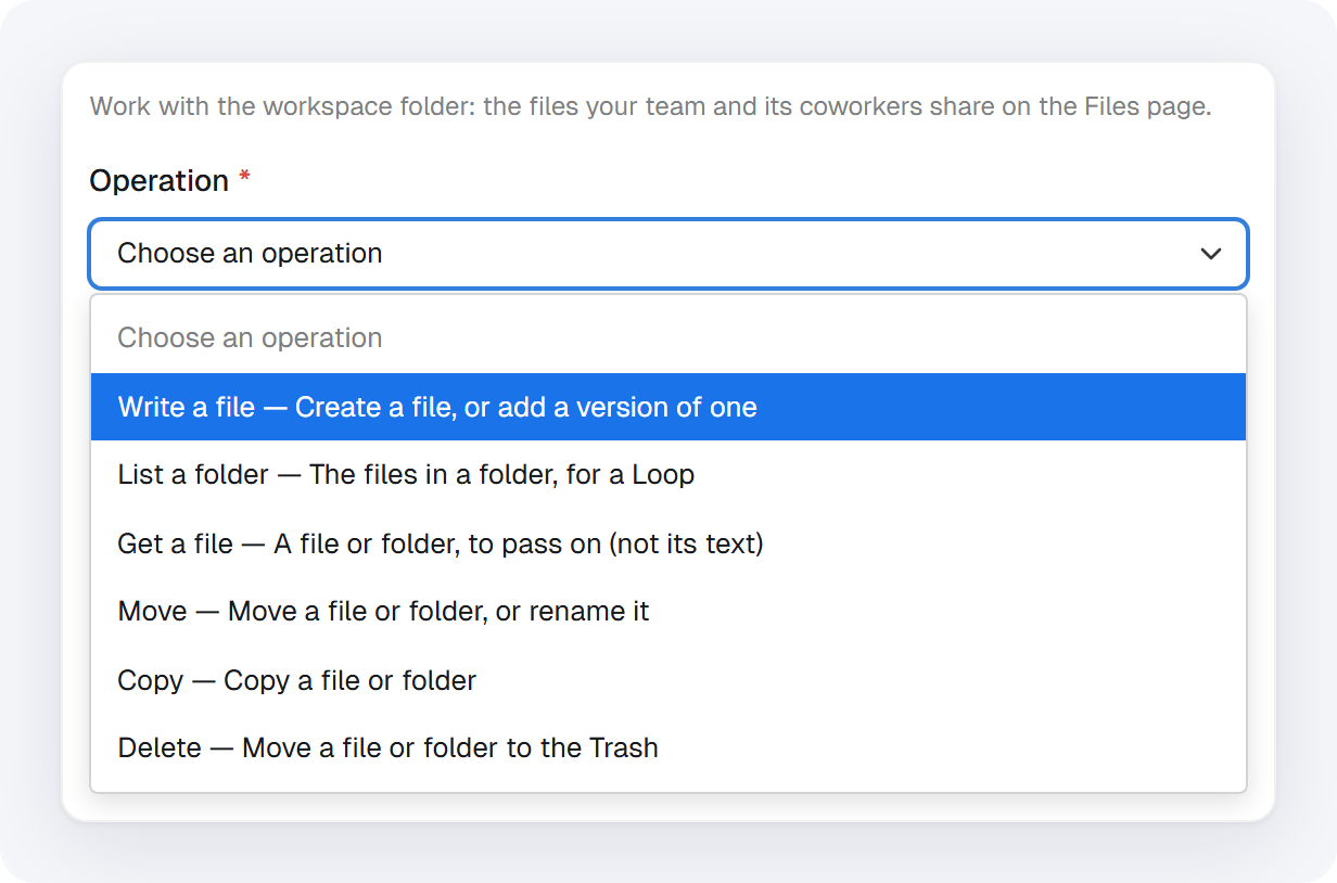 The Operation menu open, listing Write a file, List a folder, Get a file, Move, Copy and Delete with their descriptions