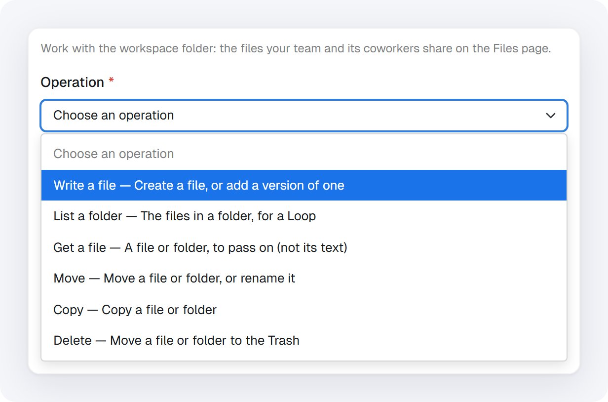 The Operation menu open, listing Write a file, List a folder, Get a file, Move, Copy and Delete with their descriptions
