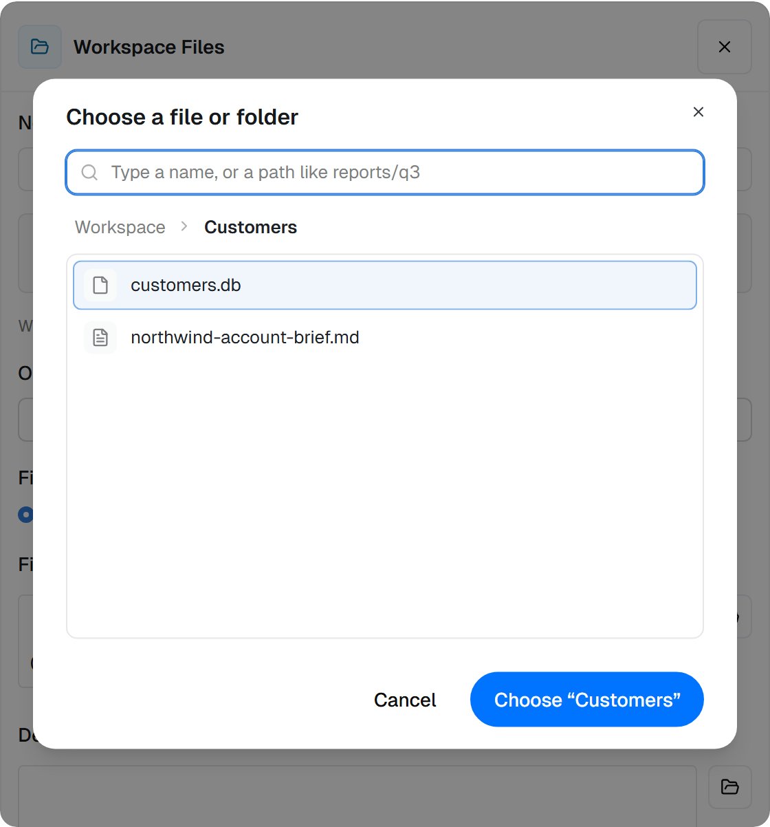 The Choose a file or folder dialog open in Workspace › Customers with customers.db highlighted and a Choose Customers button