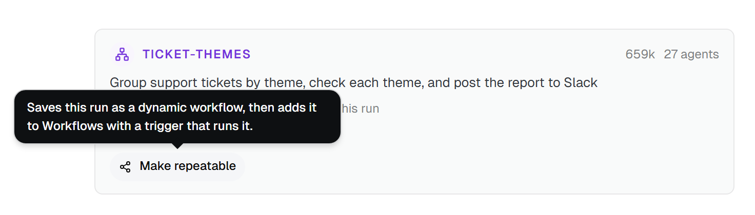 The finished ticket-themes card folded down to 27 agents, with the Make repeatable button and its tooltip above it