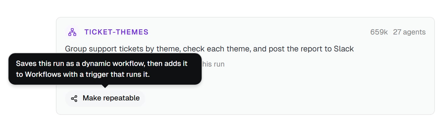 The finished ticket-themes card folded down to 27 agents, with the Make repeatable button and its tooltip above it