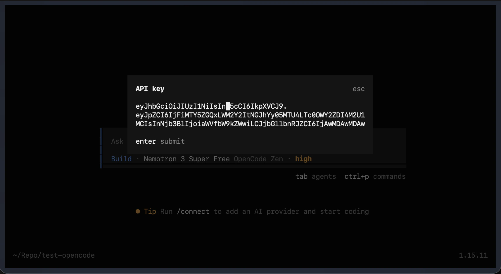 Pasting the GMI API key into OpenCode