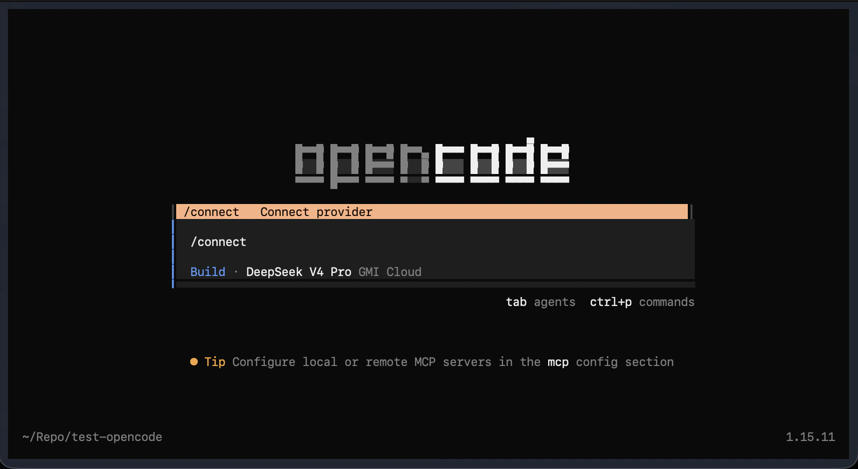 Typing /connect in the OpenCode command palette