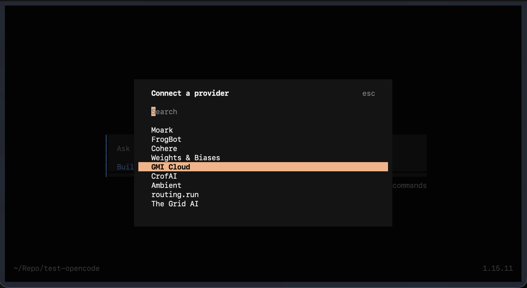 Connect a provider list with GMI Cloud selected