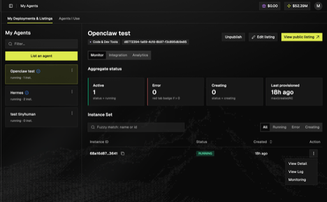 My Agents dashboard, Monitor tab