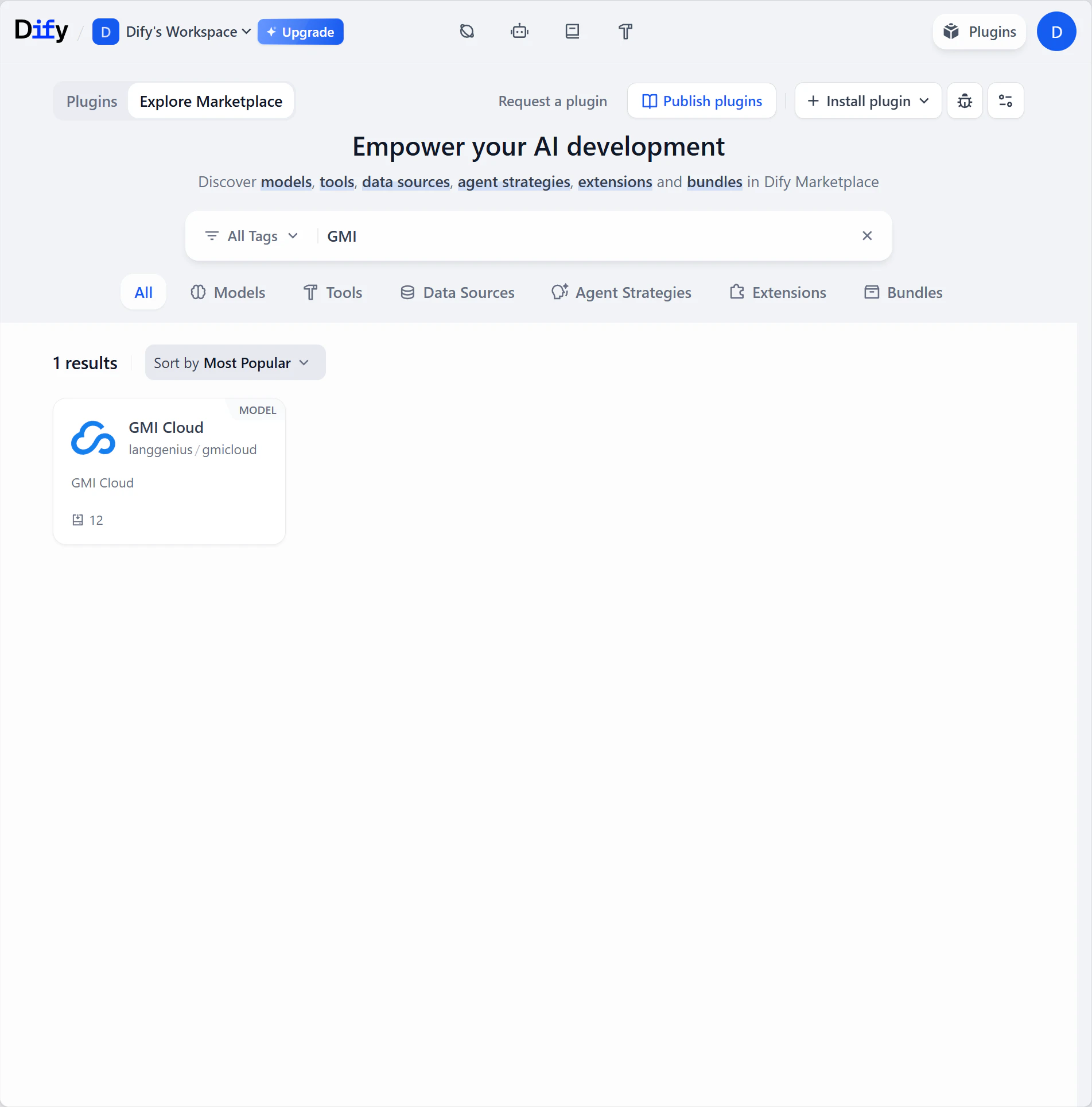 GMI Cloud plugin in the Dify marketplace