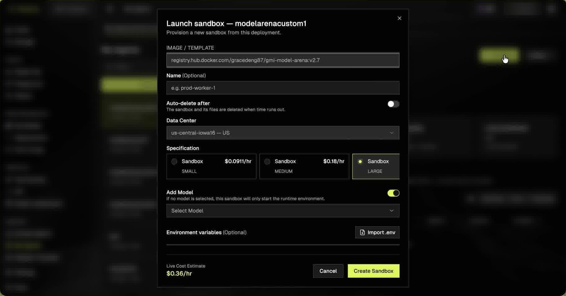 Launch sandbox dialog