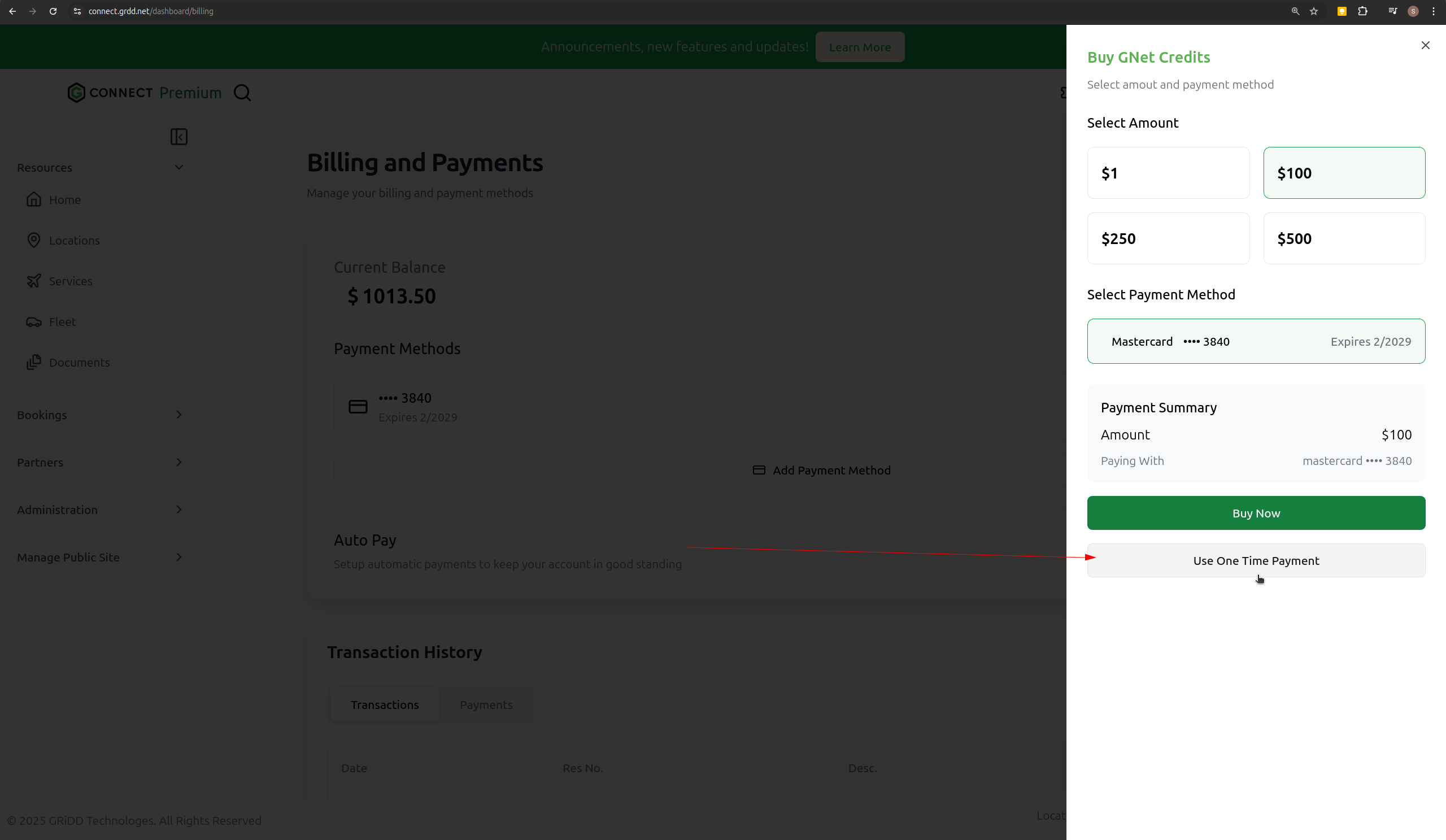 One-time payment interface