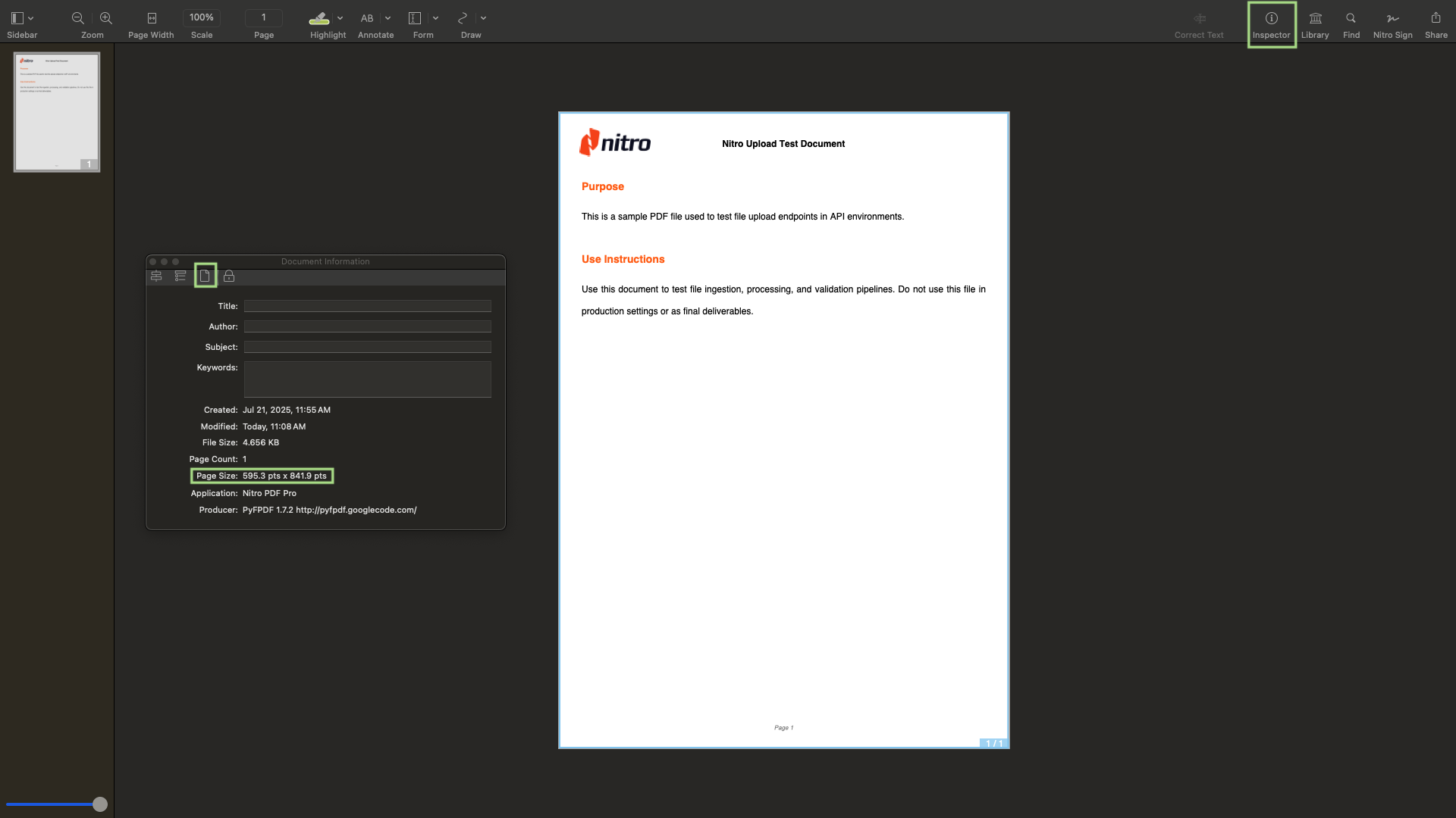 Nitro PDF Document Info window