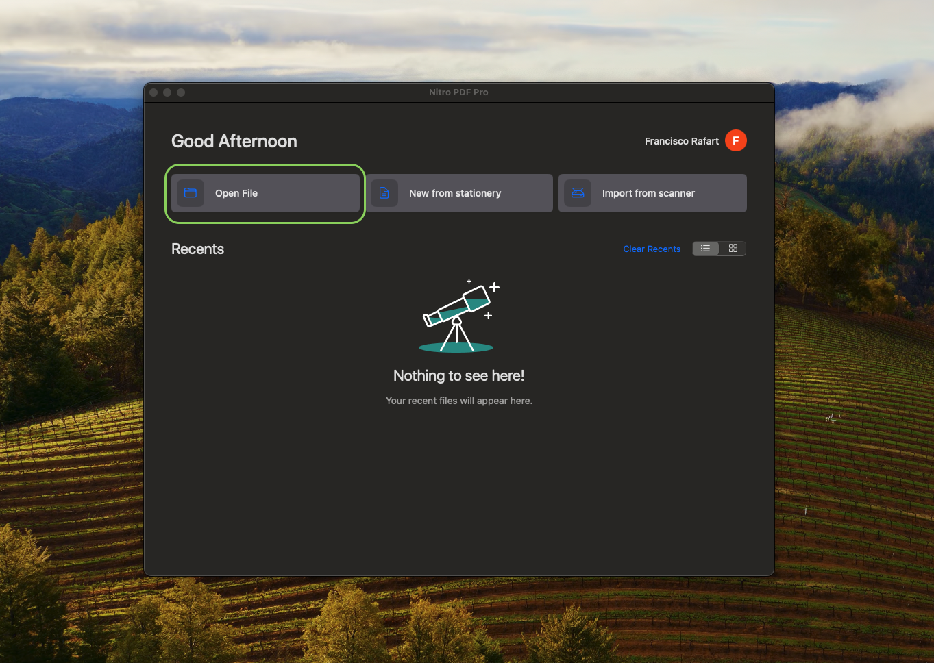 Preview Nitro PDF open file menu