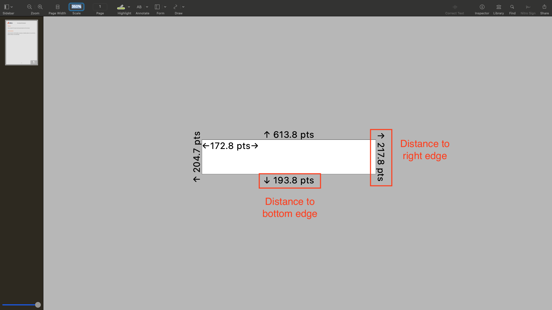 Nitro PDF first coordinate measurement
