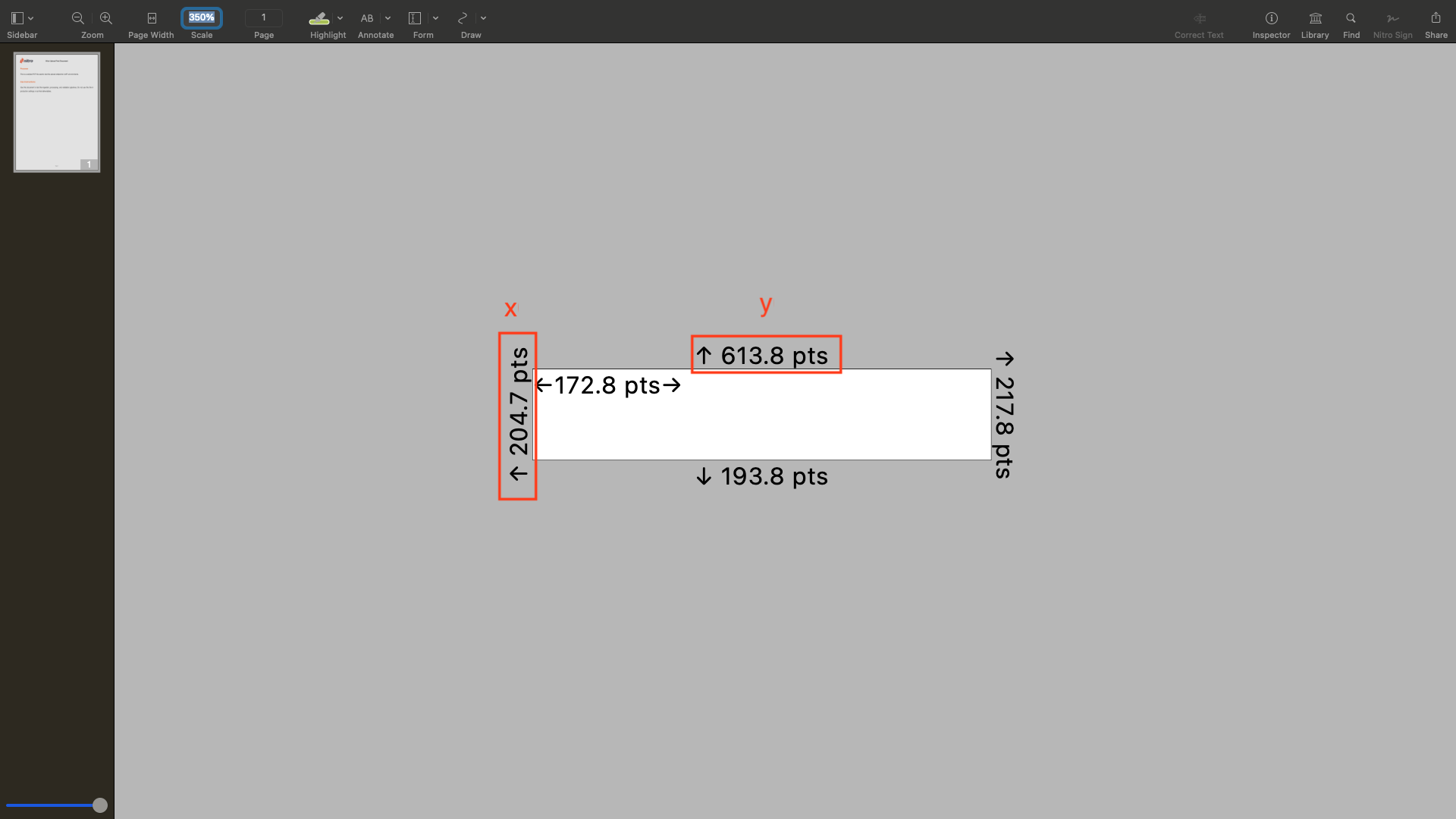 Nitro PDF first coordinate measurement