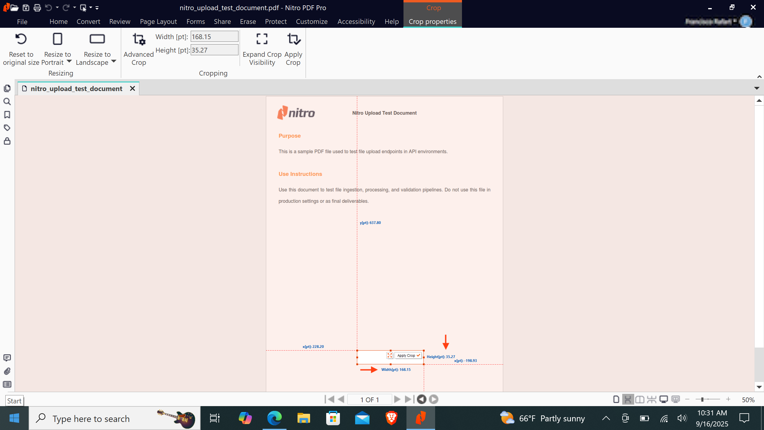 Nitro PDF second coordinate measurement