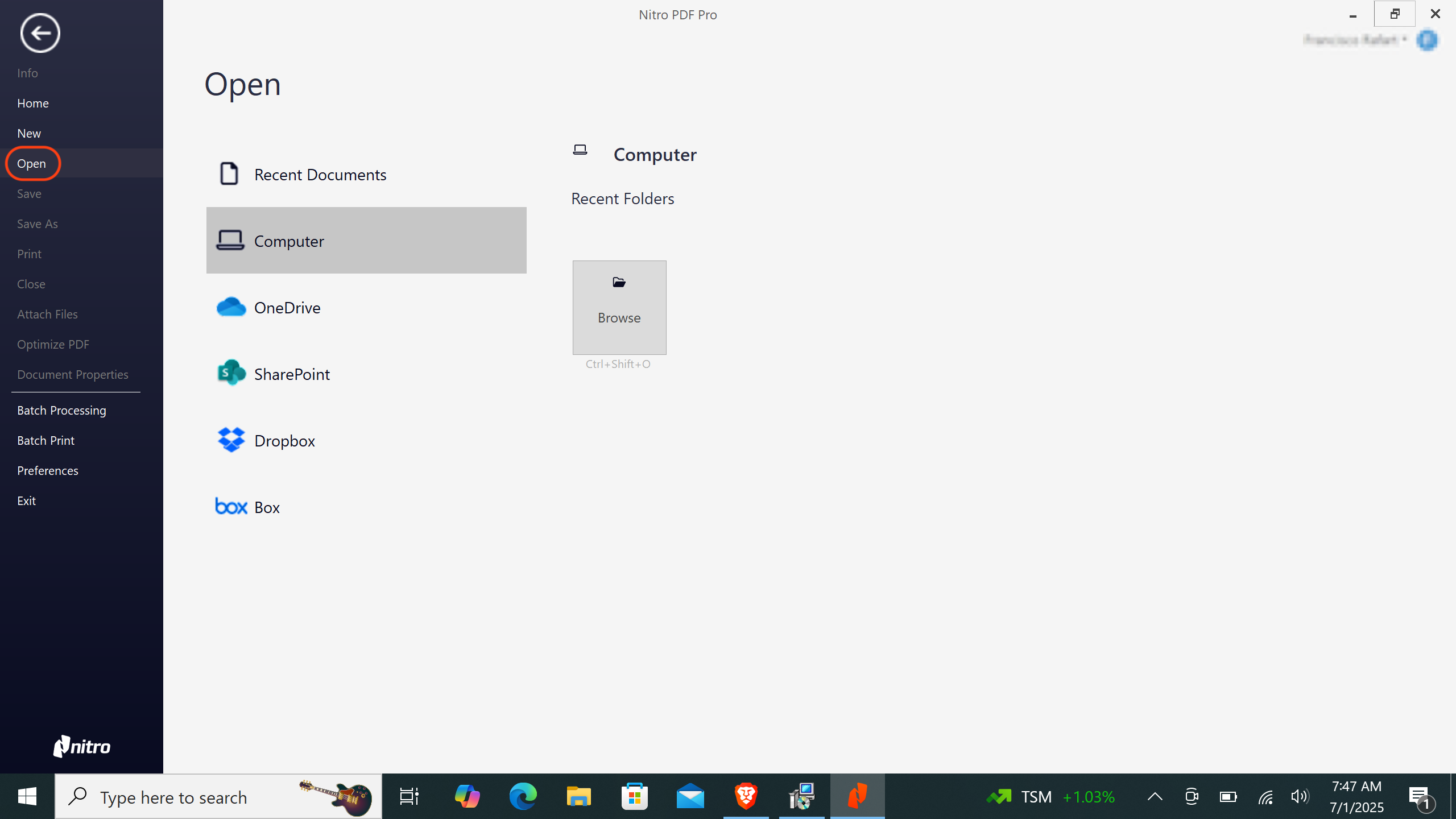 Nitro PDF Windows open file menu