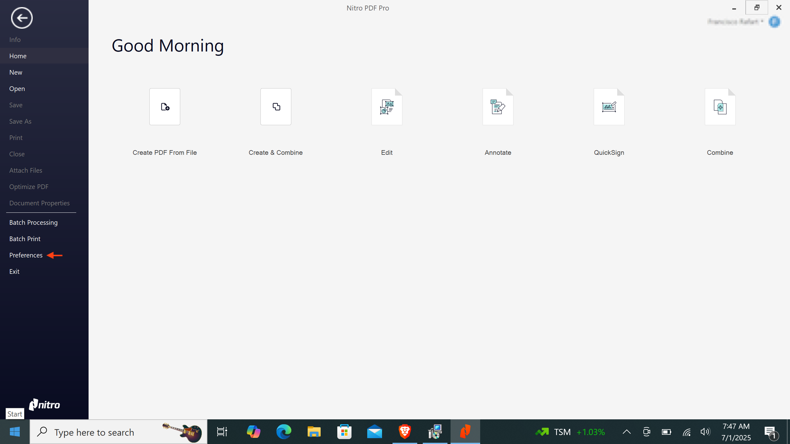 Nitro PDF preferences menu