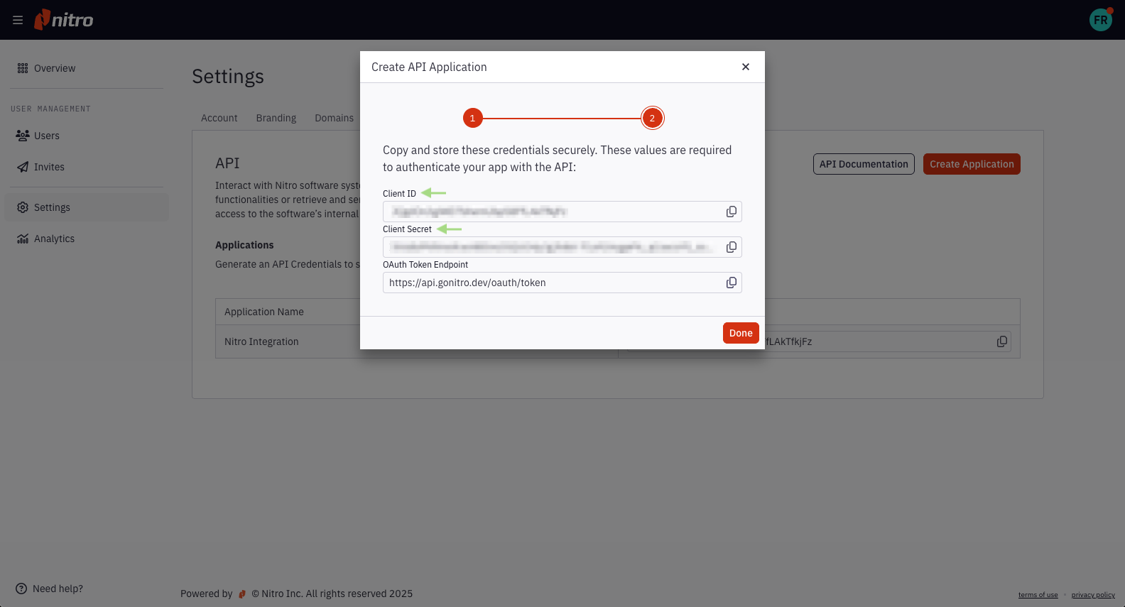 Admin Portal Create app modal with credentials data
