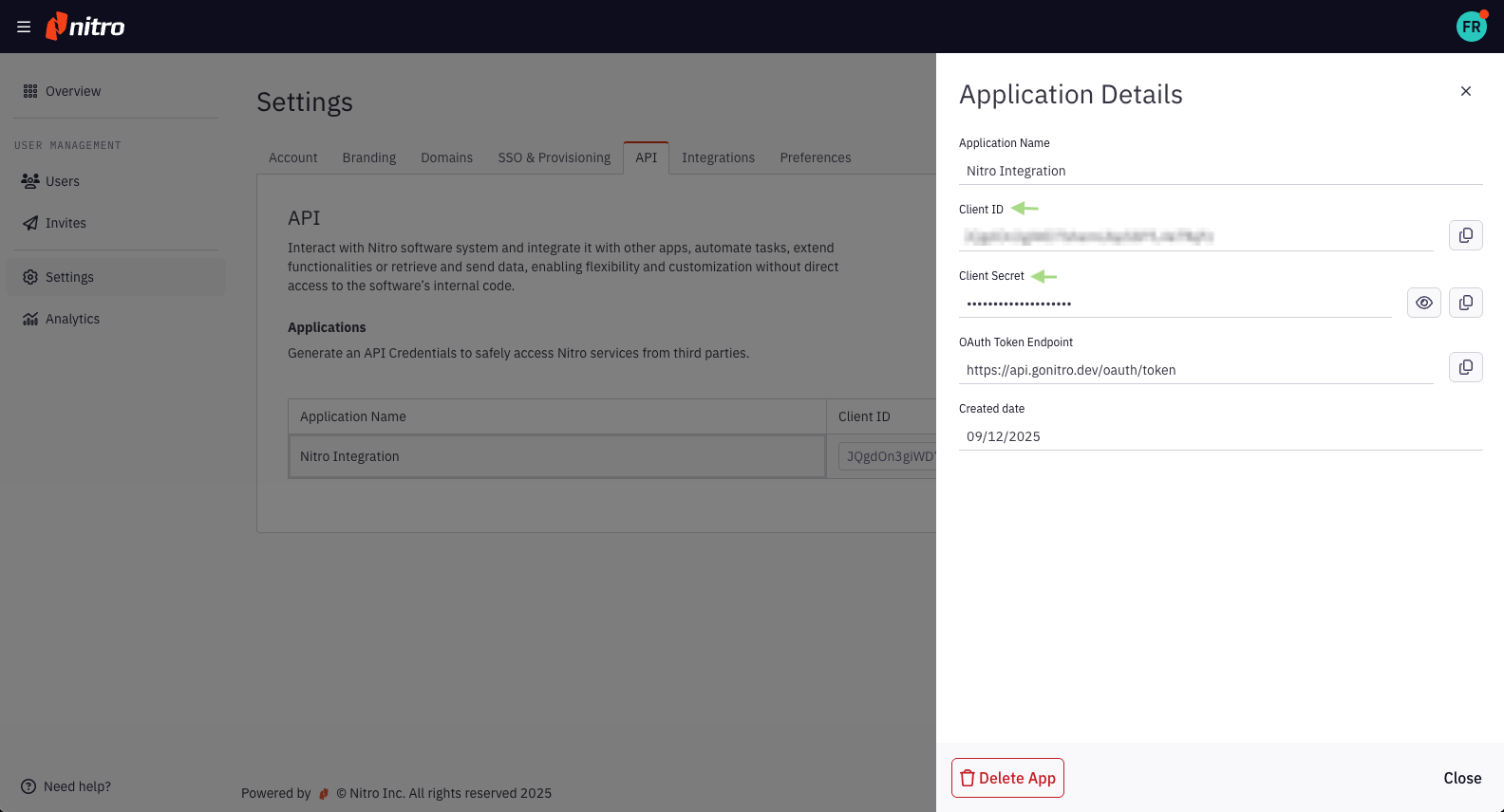 Nitro Admin Portal right side panel