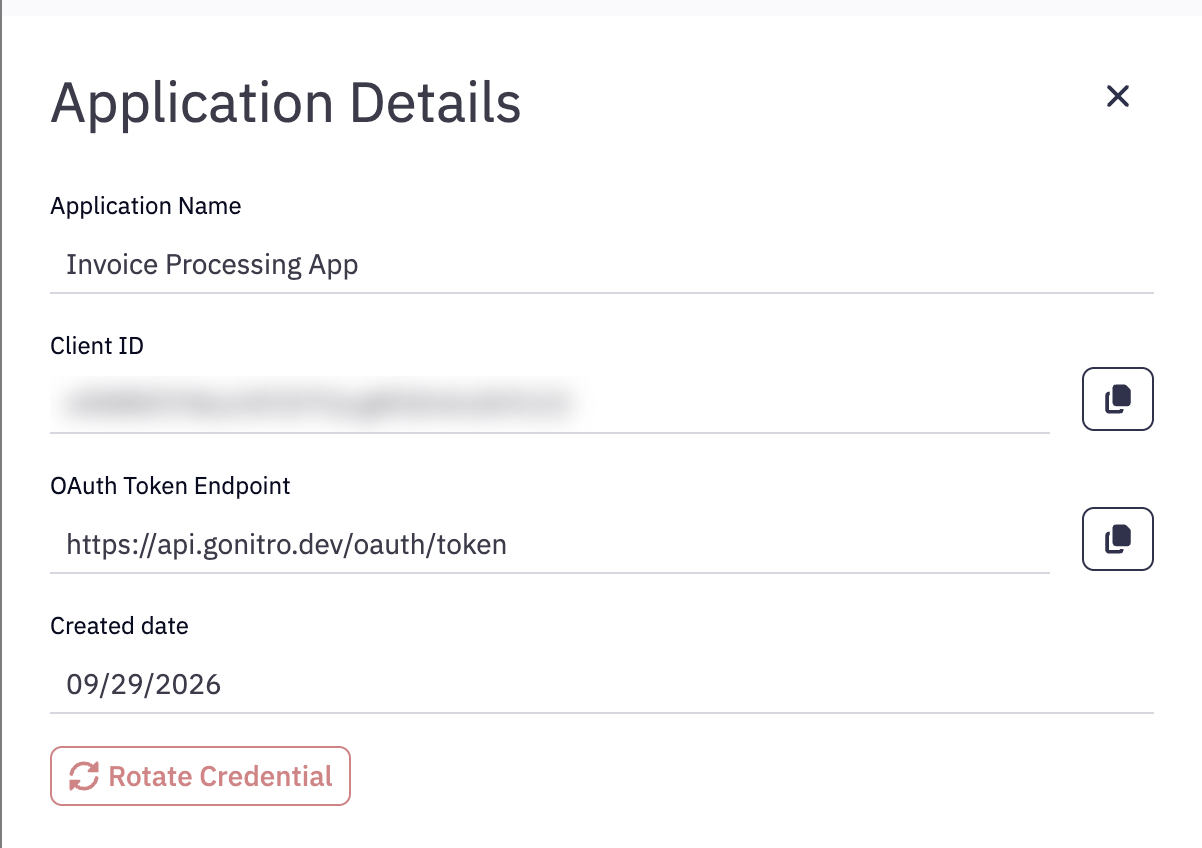 Application Details panel showing Application Name, Client ID, OAuth Token Endpoint, Created date and a Rotate Credential button