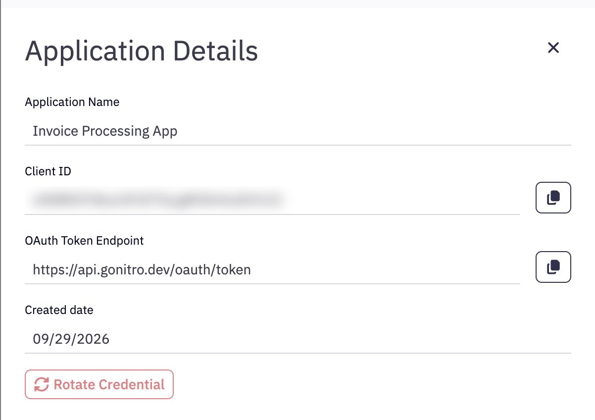 Application Details panel showing Application Name, Client ID, OAuth Token Endpoint, Created date and a Rotate Credential button
