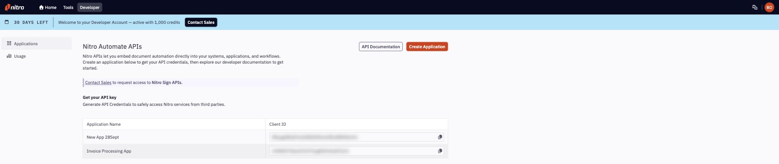 Nitro Developer portal, Applications page, with the Create Application button and a list of applications and their client IDs
