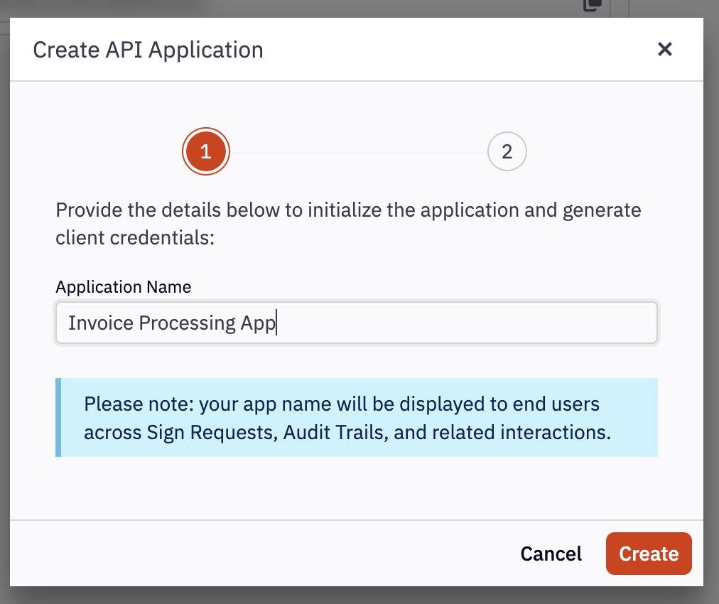 Create API Application dialog, step 1 of 2, with the Application Name field