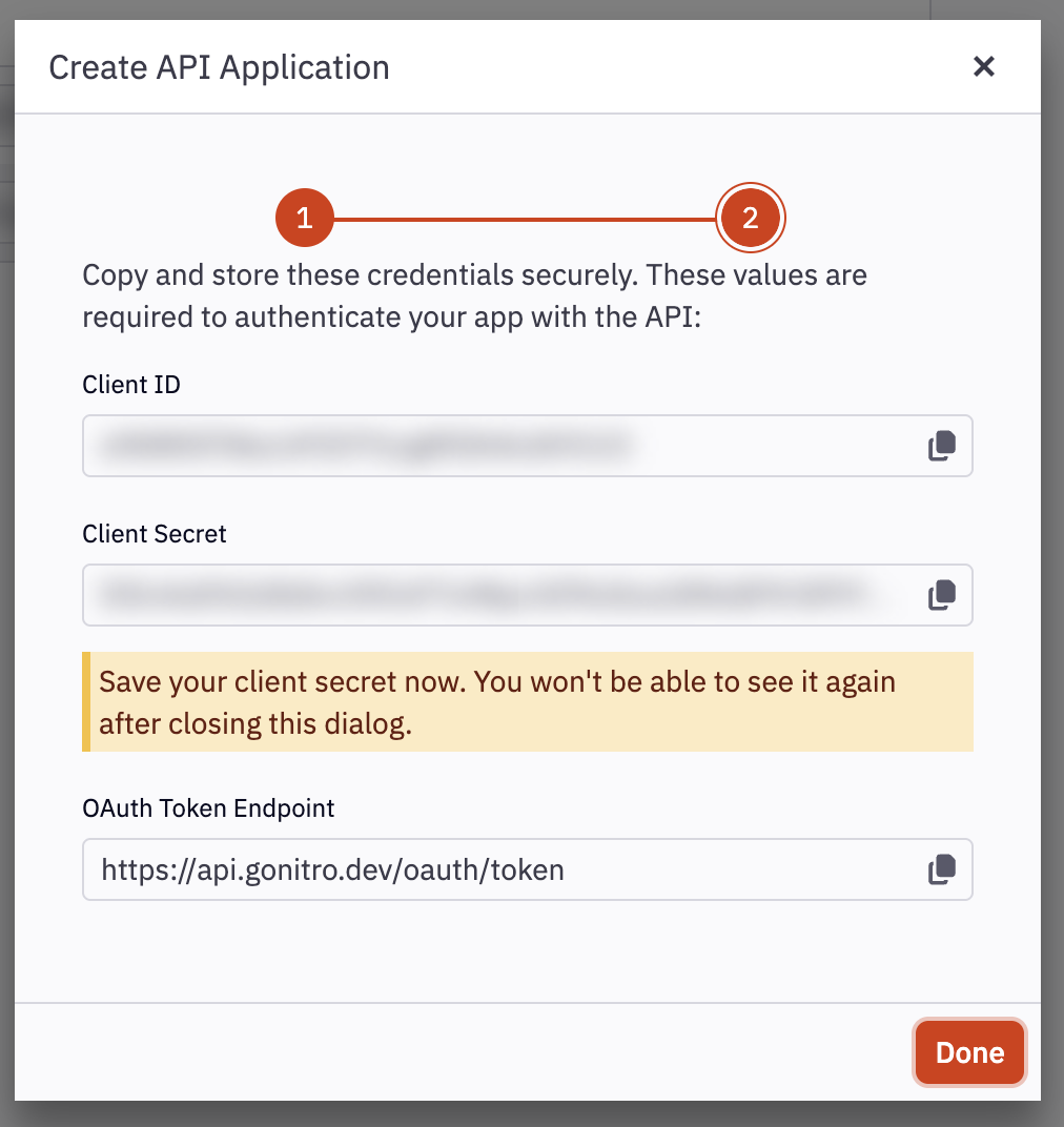 Create API Application dialog, step 2 of 2, showing the Client ID, Client Secret and OAuth Token Endpoint