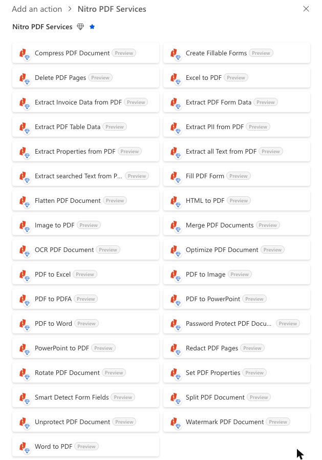 Add an action panel listing every Nitro PDF Services action