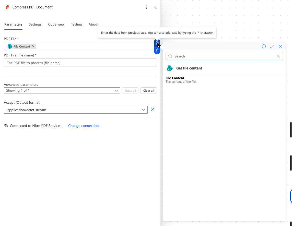 Compress PDF Document action with the dynamic content picker open, showing File Content from Get file content