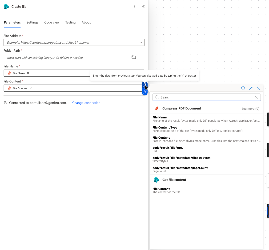 Create file action with the dynamic content picker showing the Compress PDF Document tokens File Name, File Content Type and File Content