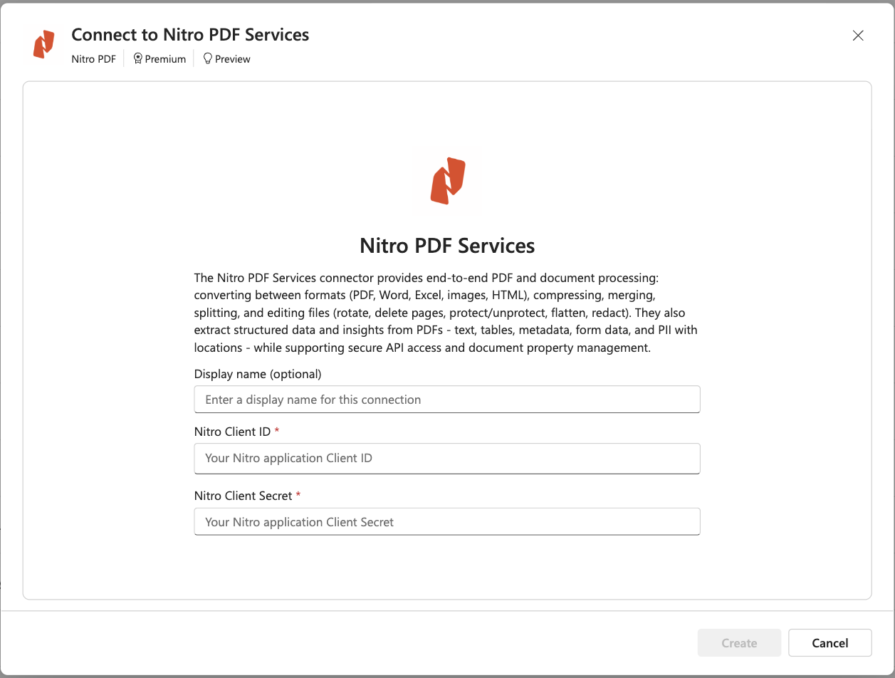 Connect to Nitro PDF Services dialog with Display name, Nitro Client ID and Nitro Client Secret fields